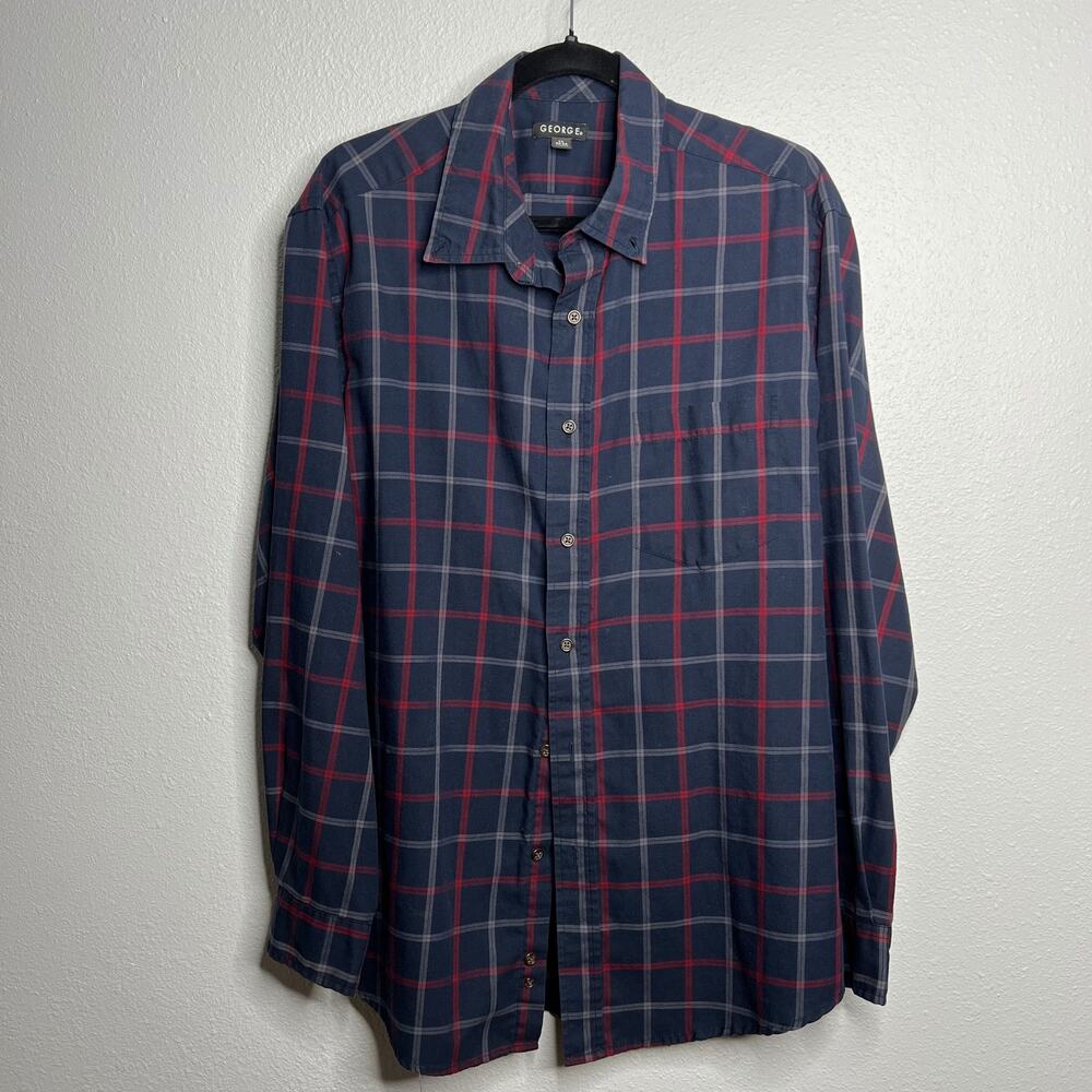 George Dark Navy Plaid Button Up Shirt Collared Pockets Long Sleeve Sz L / 42-44